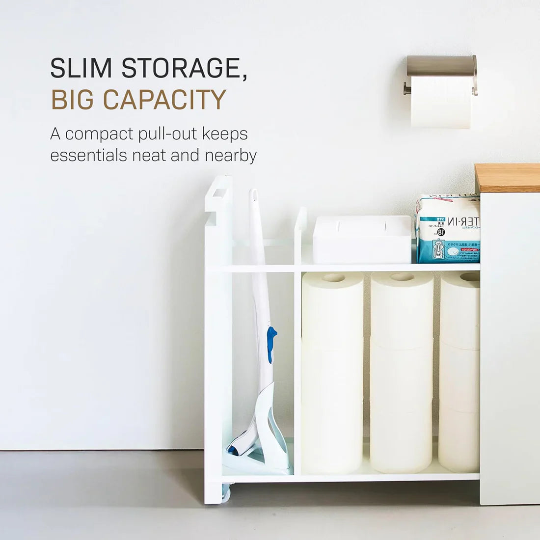 🚽 Pull‑Out Bathroom Storage Cabinet – Slim, Sturdy, Hides 12 Rolls